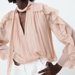 Zara Ruffled Blouse with Bow – Size XS (Brand New with Tags)